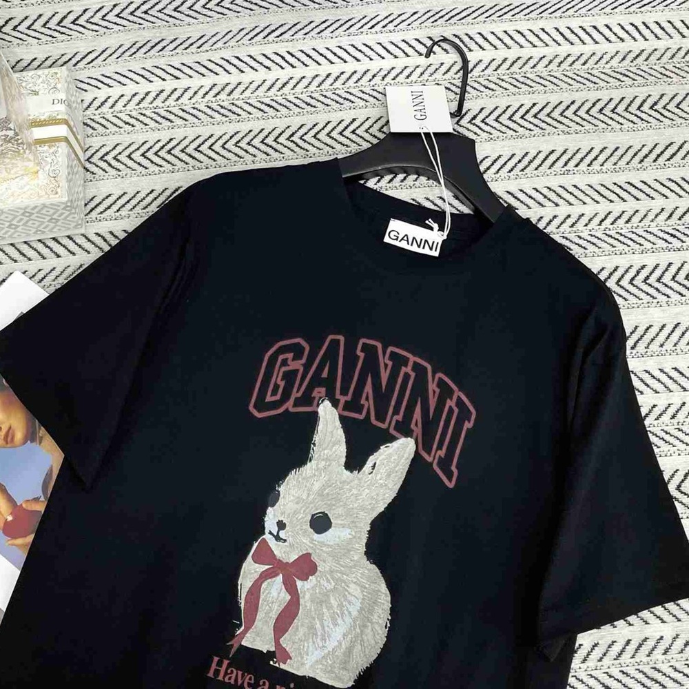 Ganni Black Tee with White Bunny Print - Picture 3 of 5